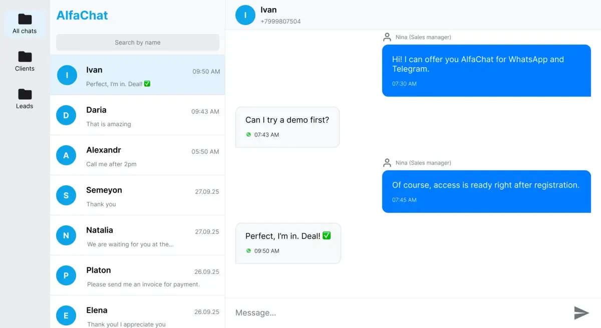 AlfaChat desktop interface showing an omnichannel messaging inbox for educational businesses